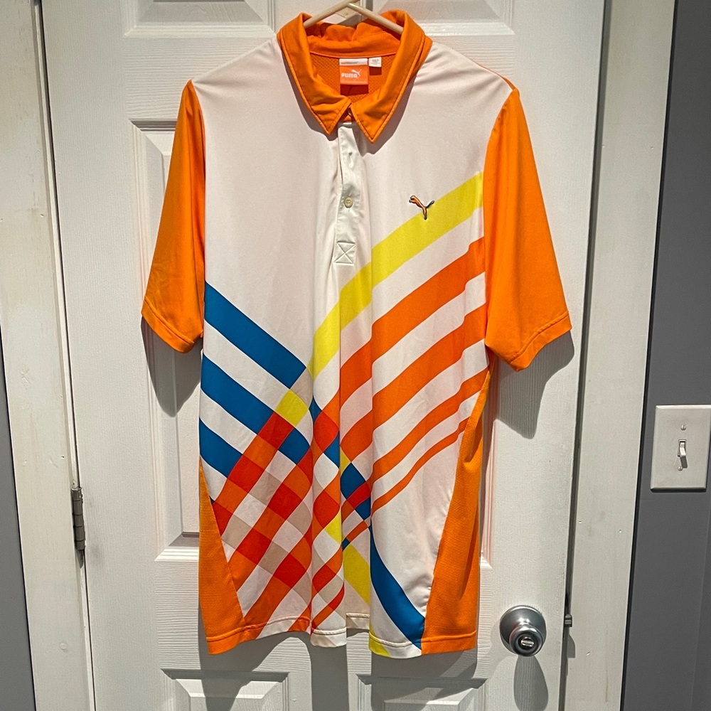 Puma Men's Orange and Blue Striped Polo